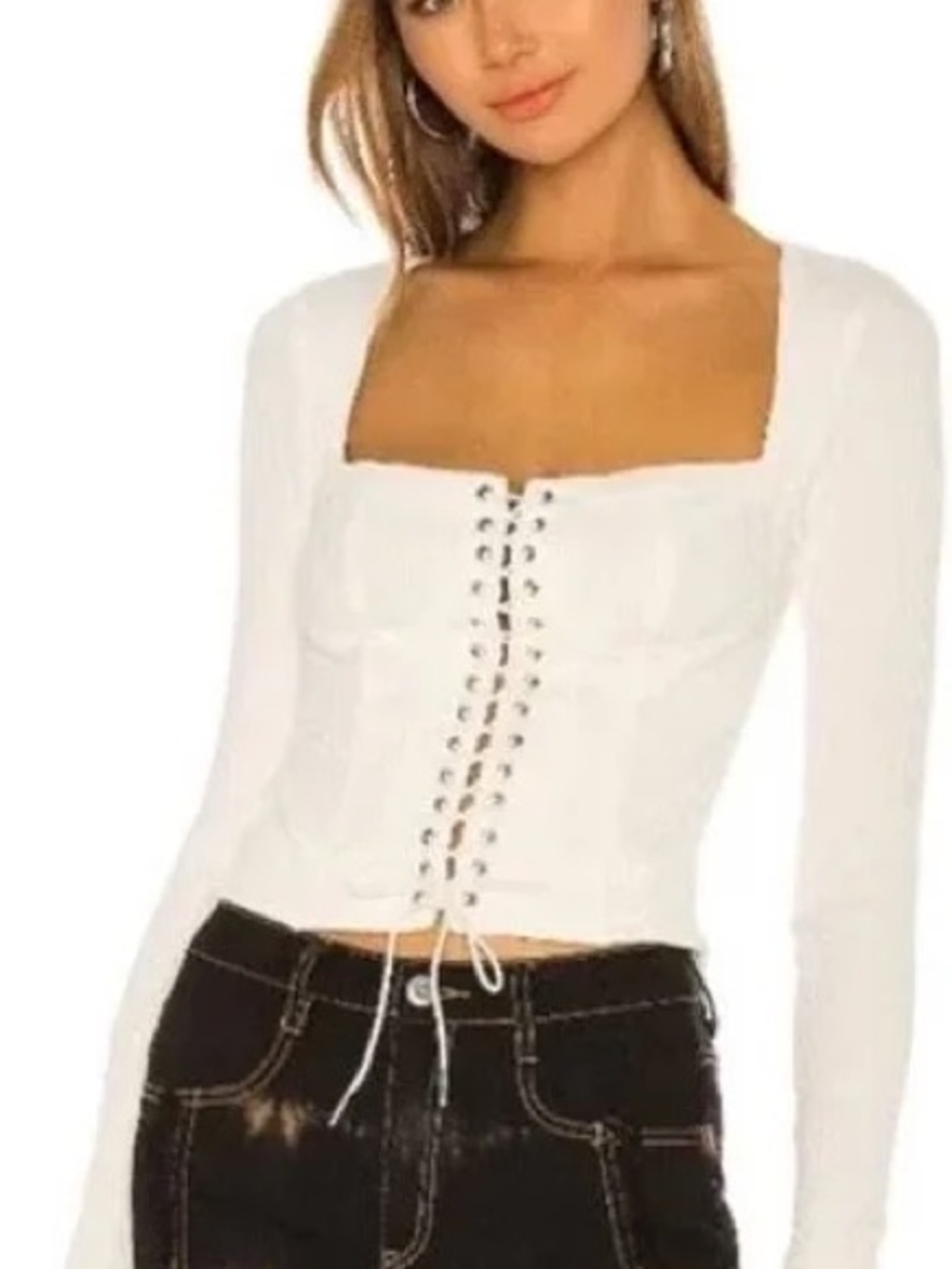 I.AM.GIA Portia White Cotton Lace-Up Long Sleeve Corset Top